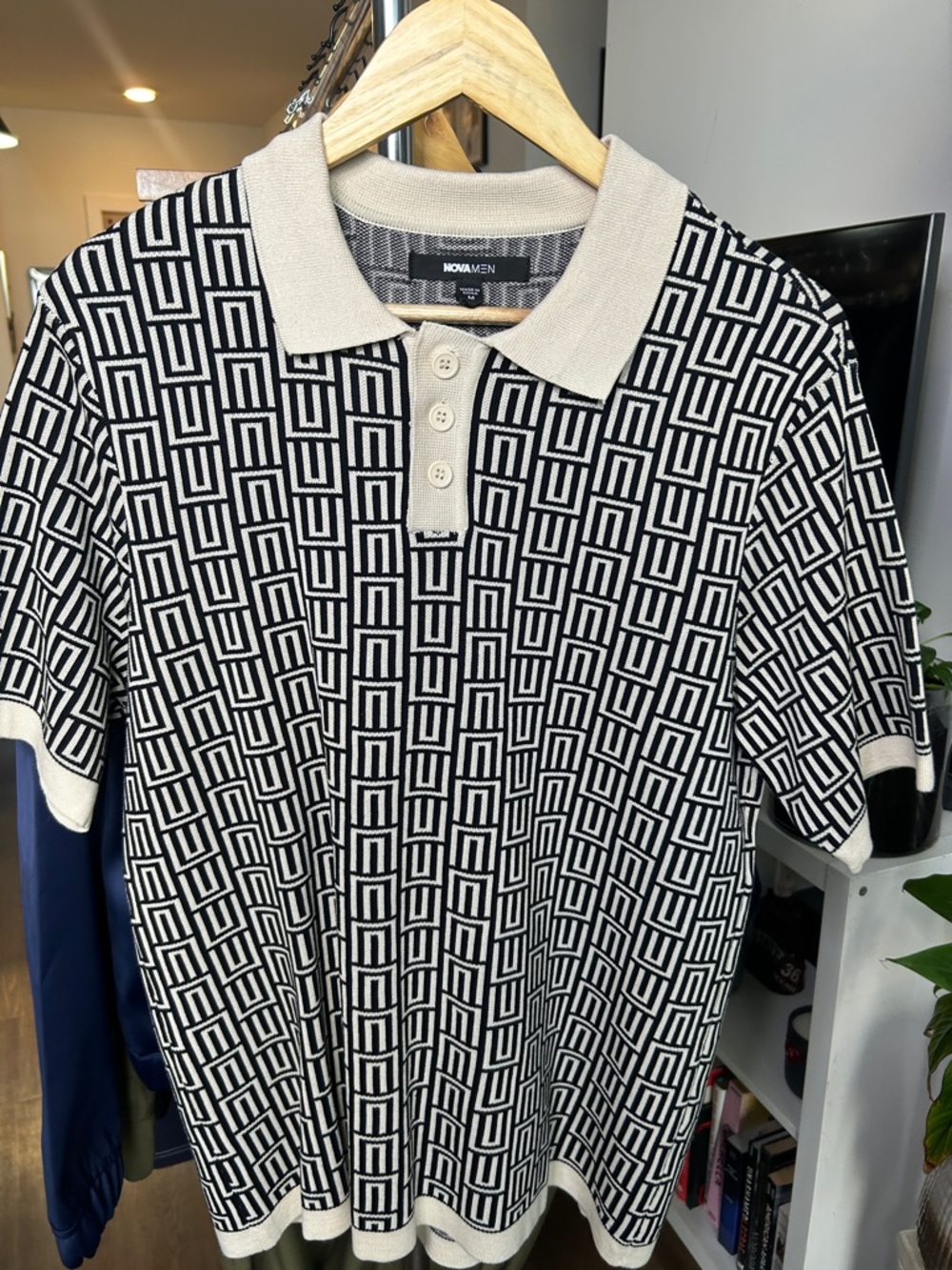 Fashion Nova Black & Cream Geometric Knit Polo